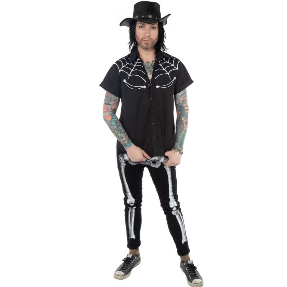 Men's Black Skinny Stretch Jeans Skeleton Bones Skull Coffin Pockets 26-40 NWT - Picture 2 of 4